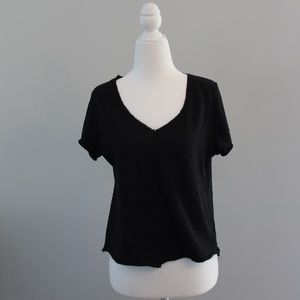 Black V Neck Tee with Ripped Hem Along all Seams